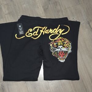 Ed Hardy Black Sweatspants Sweats Retro Tiger - Gold Logo